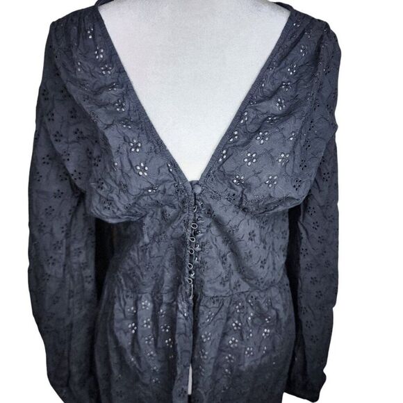 Vintage Y2K Puff Sleeve Eyelet Maxi Duster Womens XL Black Witchy Core - Picture 2 of 6